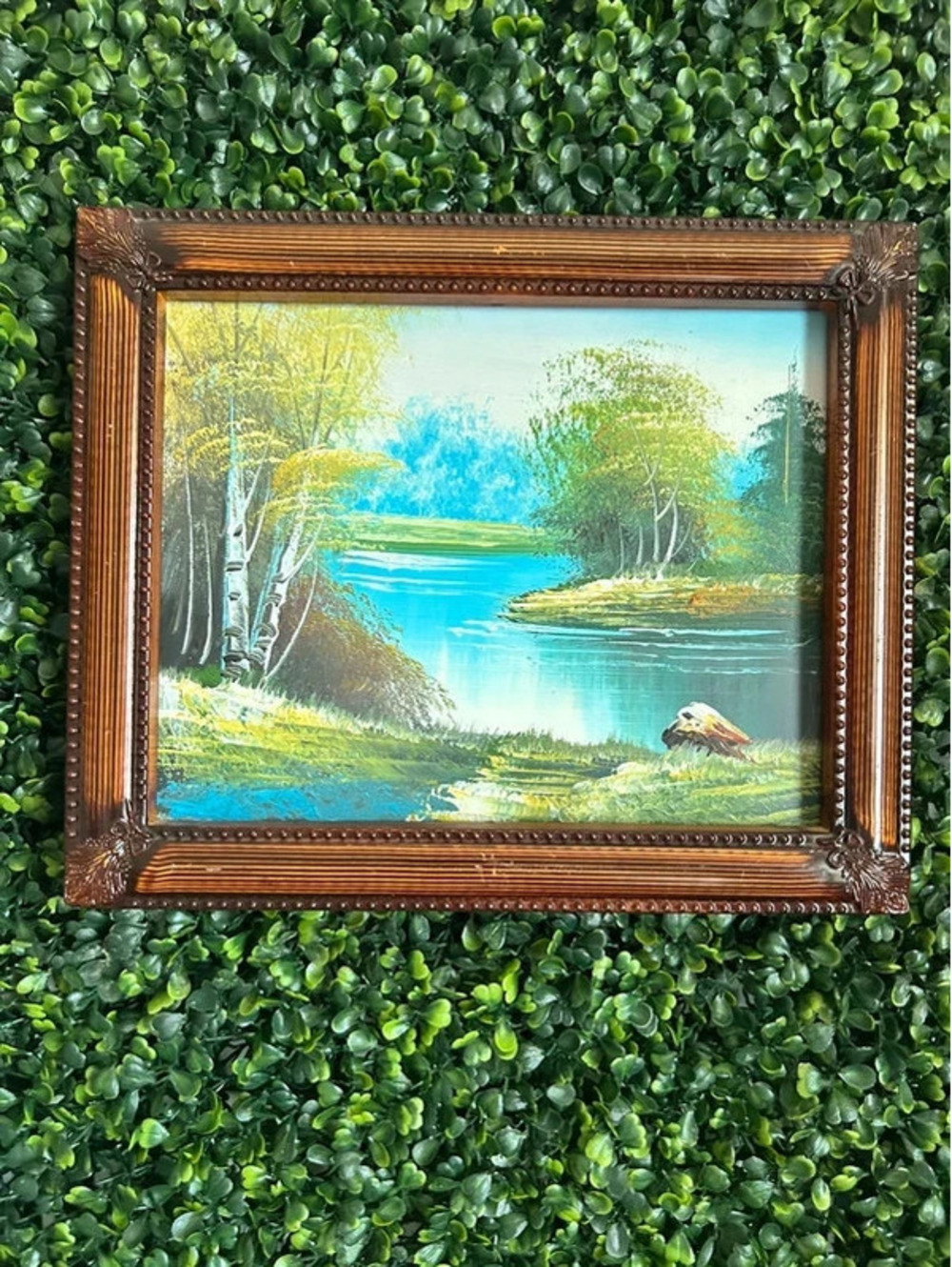 Vintage Original Landscape Painting Birch Trees Lake Framed